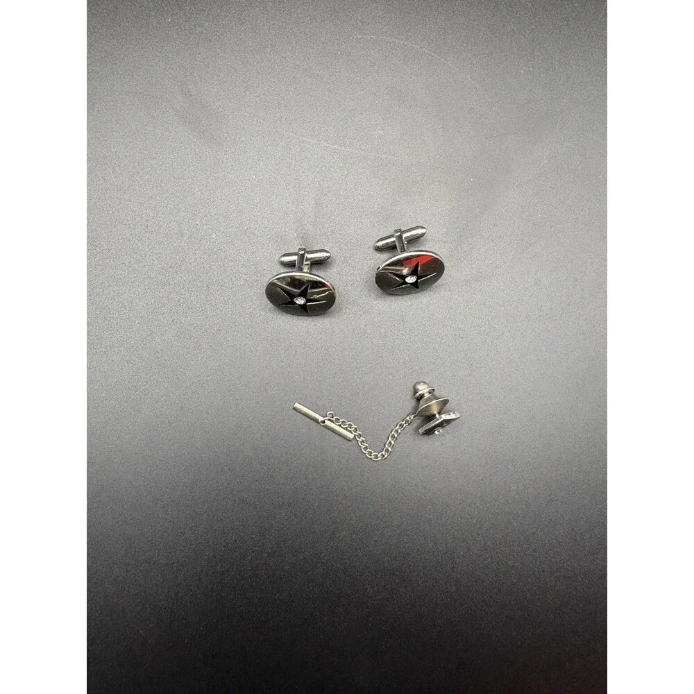 Vintage Texas Star Cufflinks Diamond Accent Tie Tack Set Silver Tone Western